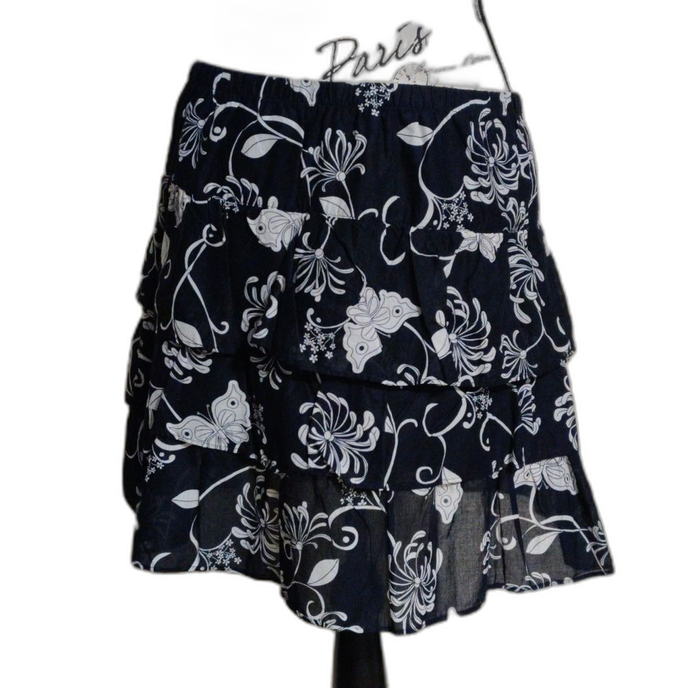 Old Navy 100% Cotton Black & White Boho Butterfly & floral Midi Tiered Skirt_Sm